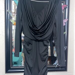 Chic Black Draped Long Sleeve Dress